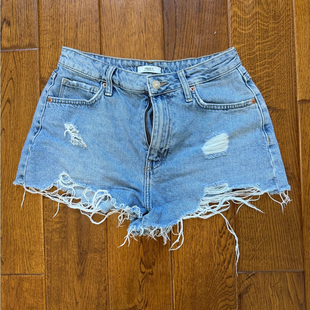 Forever 21 Blue Jean Shorts Distressed Frayed Hem